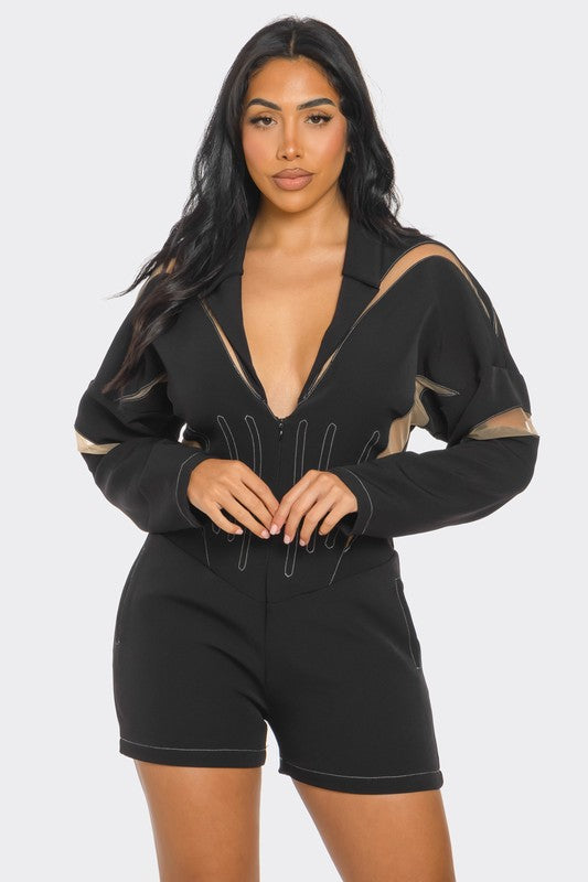 Chic Mesh-Panelled Black Romper