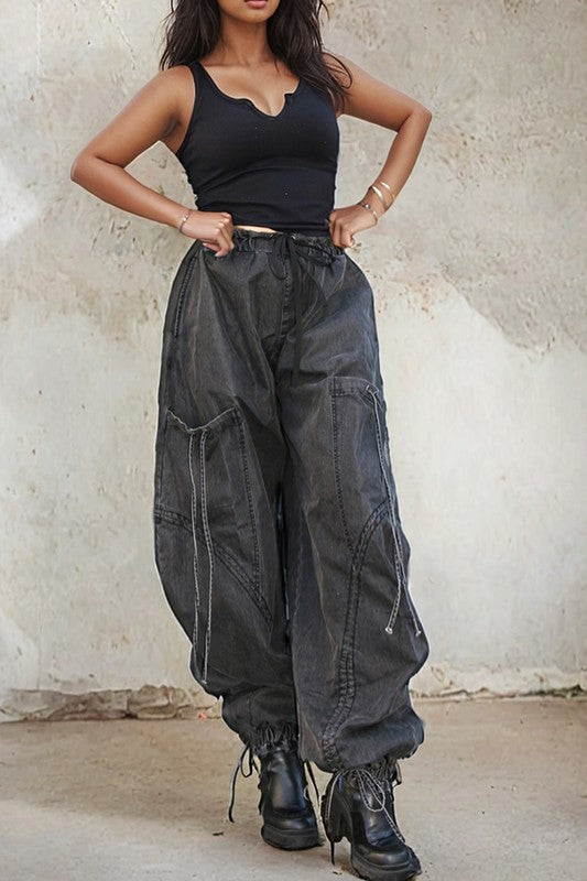 Urban Chic Drawstring Denim Cargo Pants