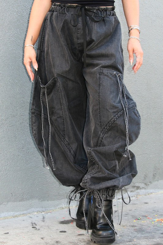 Urban Chic Drawstring Denim Cargo Pants